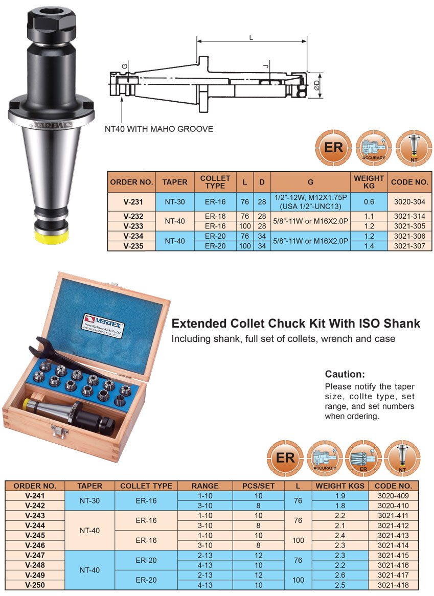 Bầu kẹp dao phay chuôi NT30, NT40, NT50 - collet ER của VERTEX thông số 2