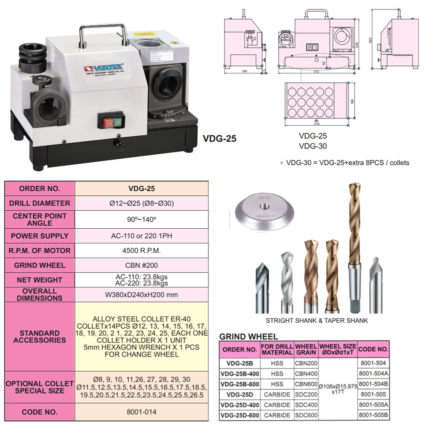 Máy mài mũi khoan VDG-25 Vertex thông số