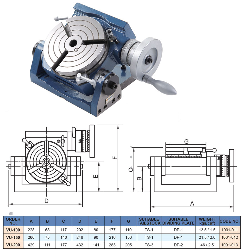 Bàn chia độ máy phay VU của VERTEX thông số