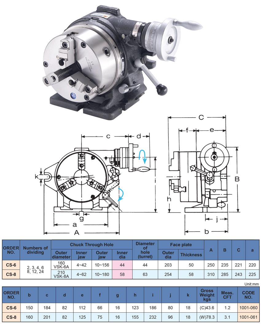 Đầu phân độ máy phay CS-6 CS-8 VERTEX thông số