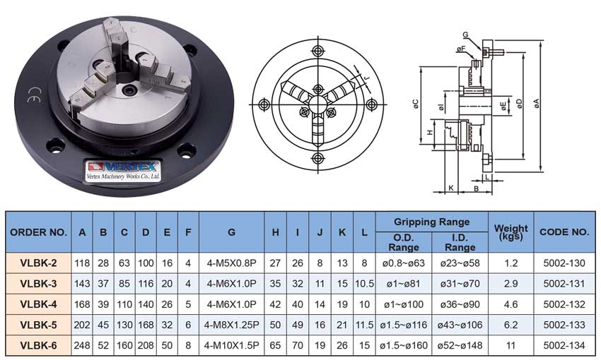 Mâm cặp 3 chấu máy phay dạng thấp VLBK-2, VLBK-3, VLBK-4, VLBK-5, VLBK-6 VERTEX