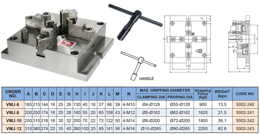 Mâm cặp máy phay 4 chấu tự định tâm VMJ-6, VMJ-8, VMJ-10, VMJ-12 VERTEX