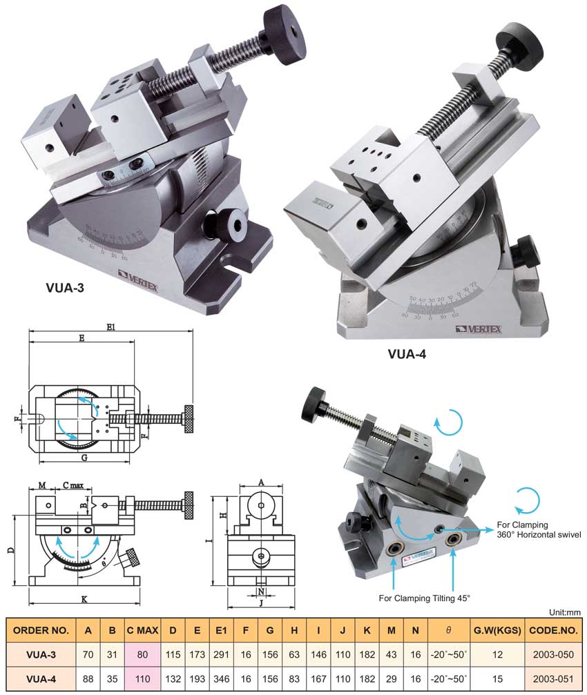 Ê tô tạo góc nghiêng VUA-3, VUA-4 của VERTEX - Thông số