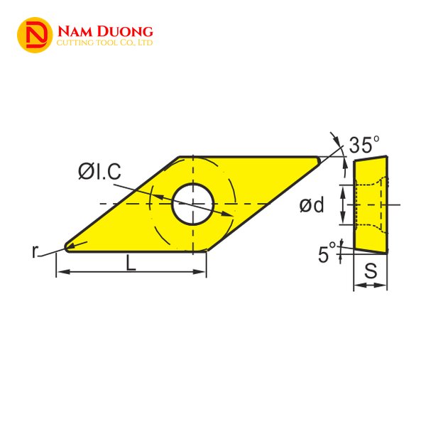 Hình vẽ kỹ thuật mảnh tiện VBMT 1103 với góc mũi 35 độ, góc thoát sau 5 độ và các kích thước L, Ø I.C, S, ød, r