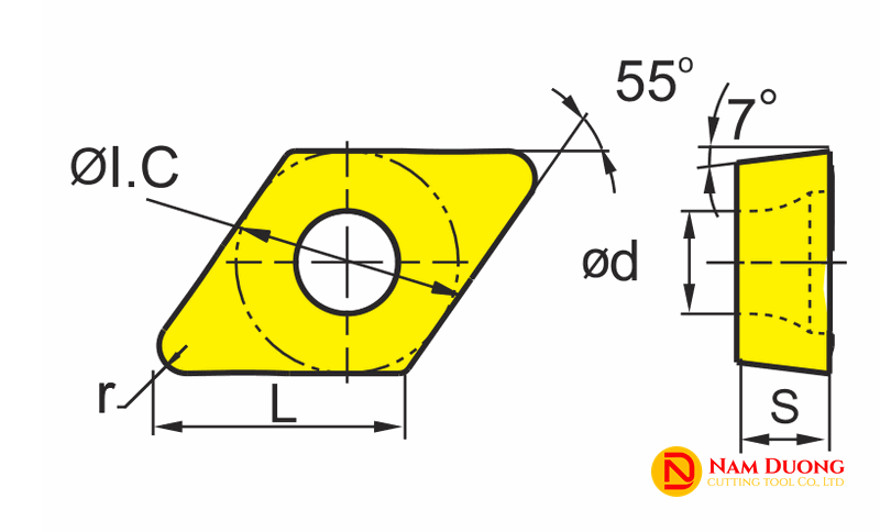Bản vẽ mảnh tiện dương hình thoi góc đỉnh 55° với mặt cắt góc sau 7°, ghi ký hiệu ØI.C, ød, L, S, r
