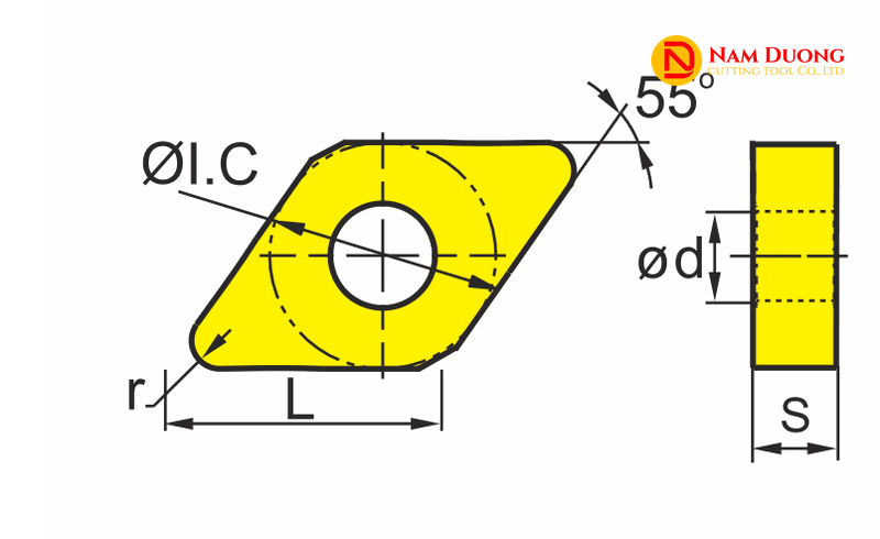 Bản vẽ mảnh tiện âm hình thoi góc đỉnh 55° với mặt cắt thẳng, ghi ký hiệu ØI.C, ød, L, S, r