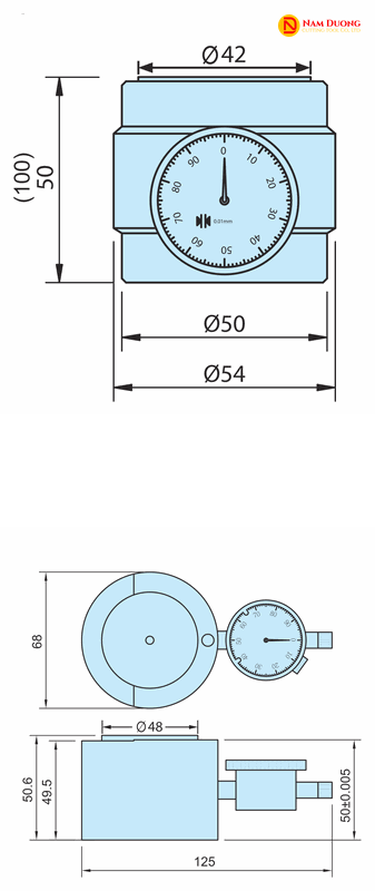 Hai bản vẽ đồng hồ sét dao trục Z in các số Ø42, 50 (100), Ø50, Ø54 và 68, Ø48, 50.6, 49.5, 125, 50±0.005