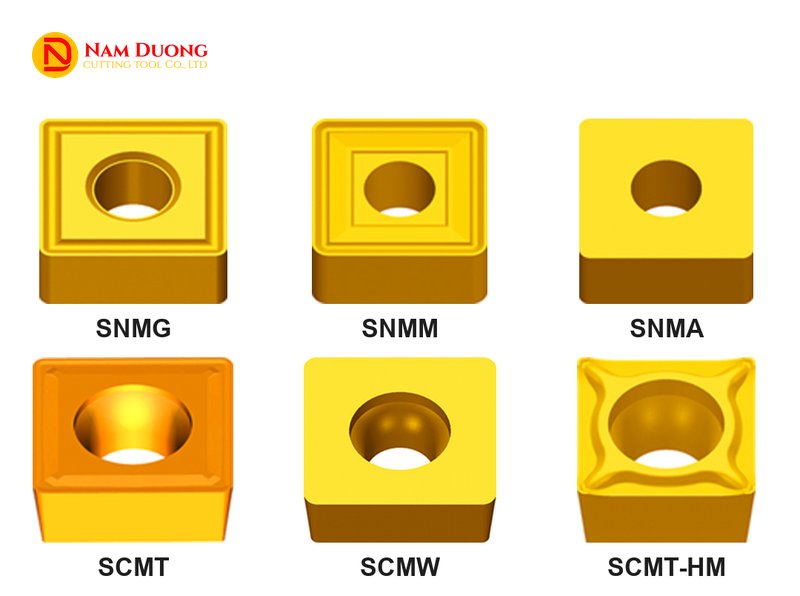Hình các mã mảnh tiện hình vuông S trong catalogue nhà sản xuất: SNMG, SNMM, SNMA, SCMT, SCMW, SCMT-HM