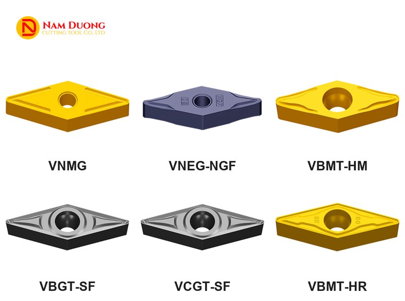 Hình các mã mảnh tiện hình thoi V trong catalogue nhà sản xuất: VNMG, VNEG-NGF, VBMT-HM, VBGT-SF, VCGT-SF, VBMT-HR