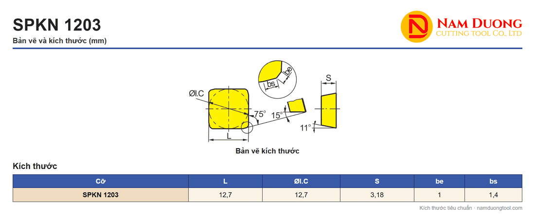 Bản vẽ mảnh phay vuông SPKN 1203 và một dòng số đo ghi theo các ký hiệu L, ØI.C, S, be, bs, đơn vị mm