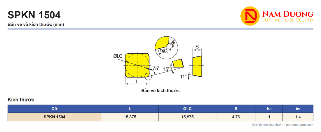 Bản vẽ mảnh phay vuông SPKN 1504 kèm một dòng số đo ghi theo các ký hiệu L, ØI.C, S, be, bs, đơn vị mm