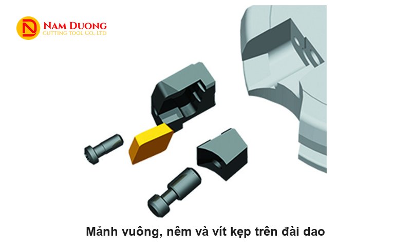 Mảnh phay vuông SPKN 1504 cùng nêm và vít kẹp tháo rời khỏi ổ mảnh trên đài dao