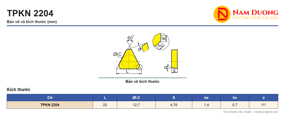 Bản vẽ mảnh phay tam giác TPKN 2204 kèm một dòng số đo ghi theo các ký hiệu L, ØI.C, S, be, bs, α, đơn vị mm