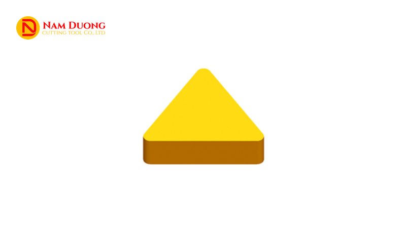 Mảnh TPUN 1603 màu vàng hình tam giác đều nhìn từ trên xuống, ba góc mũi bo tròn, thấy cả cạnh bên của mảnh